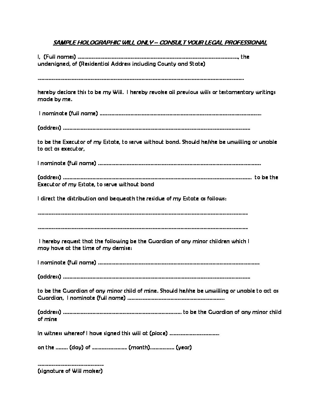 Holographic Will Sample